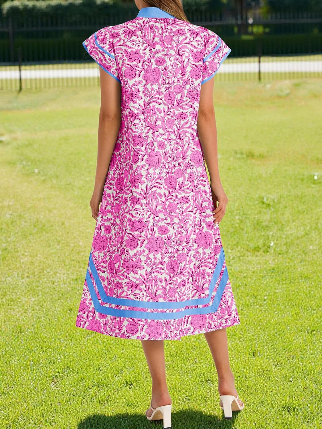 Wenrine Womens Summer Floral Maxi Dress Casual Short Cap Sleeve V Neck Color Block Side Slit Loose Boho Beach Dresses - Image 5