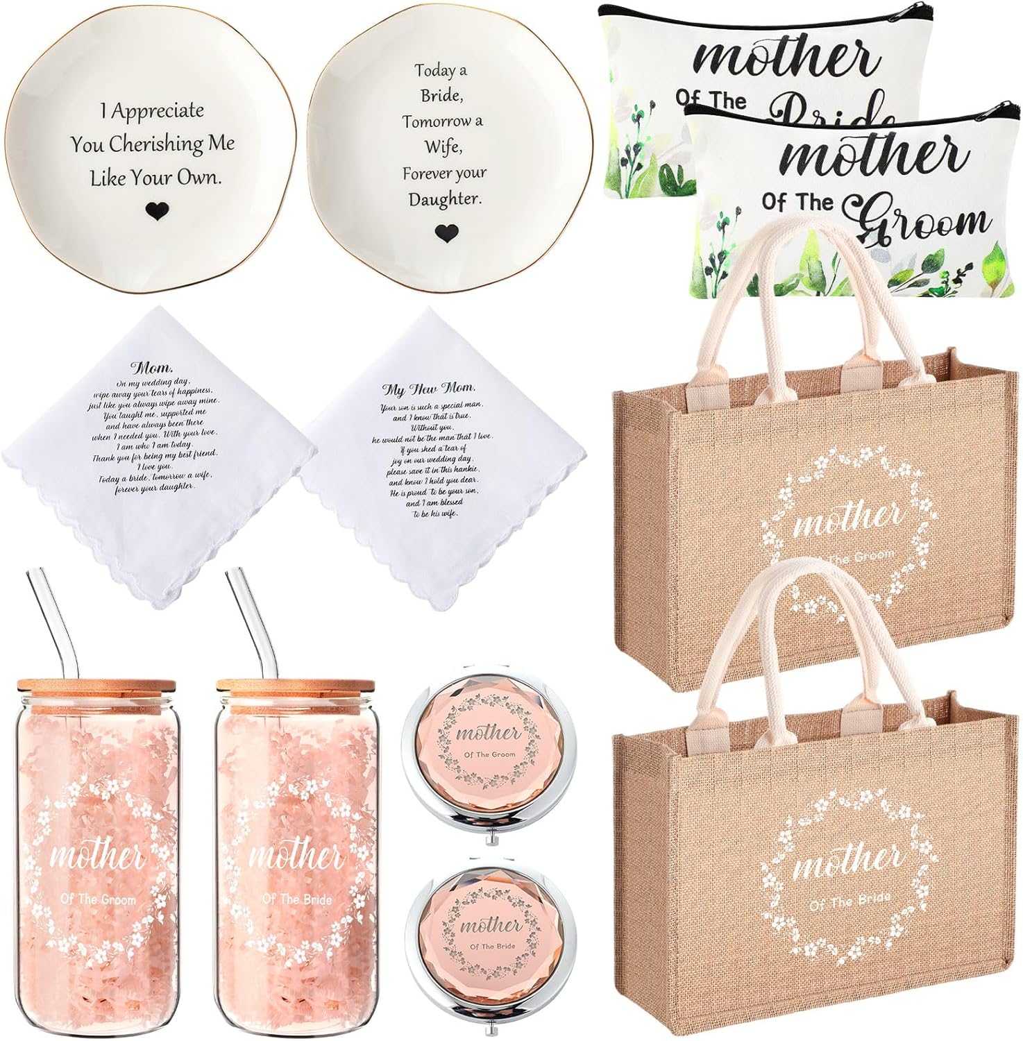 12 Pcs Mother of the Bride and Mother of the Groom Gifts Set 16oz Glass Cups Jute Tote Bags Cosmetic Bags Mirror Handkerchief Jewelry Dish Wedding Gifts of Bride and Groom