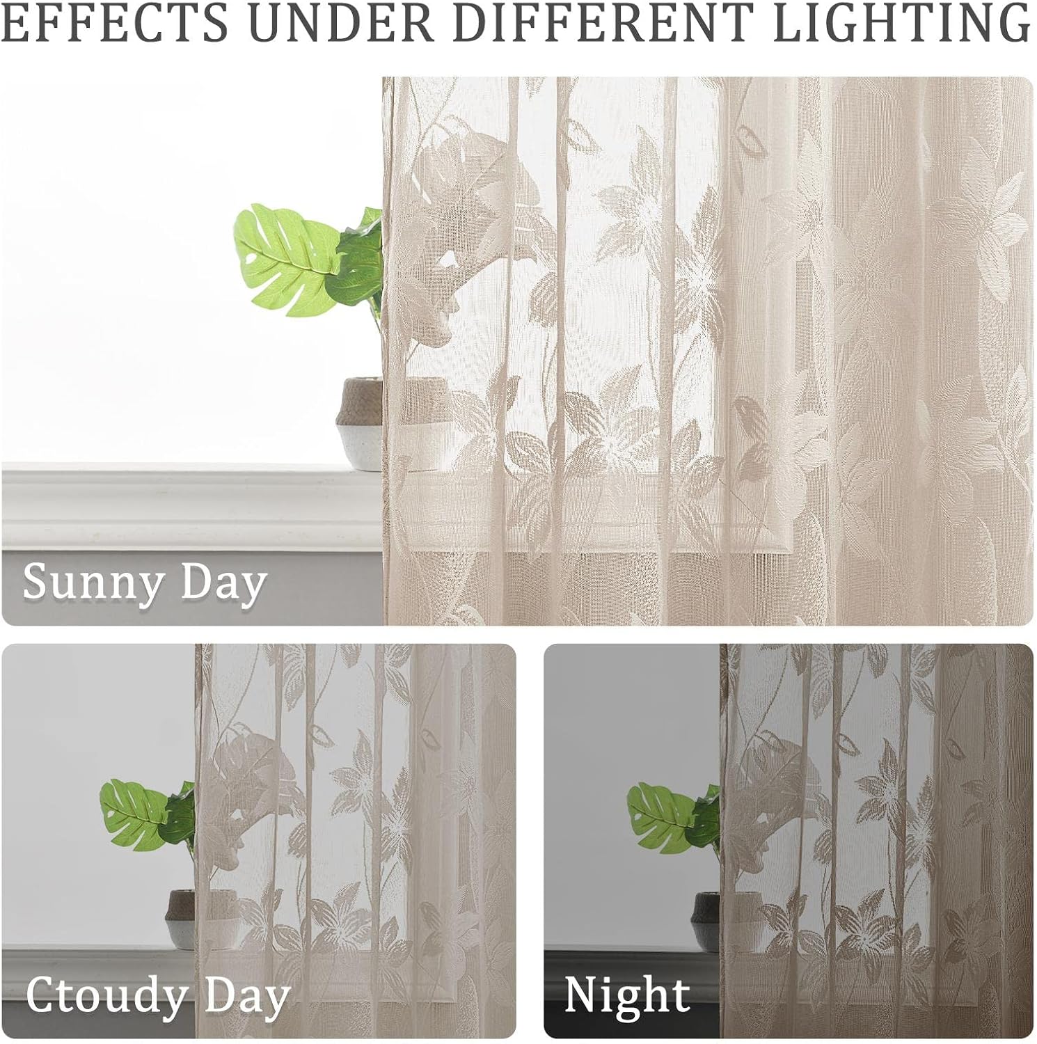 DWCN Floral Lace Sheer Curtains - Rod Pocket Window Voile Sheer Drapes for Bedroom Kitchen Small Windows Short Curtain Panels 52 x 45 inch Length, Set of 2, Beige