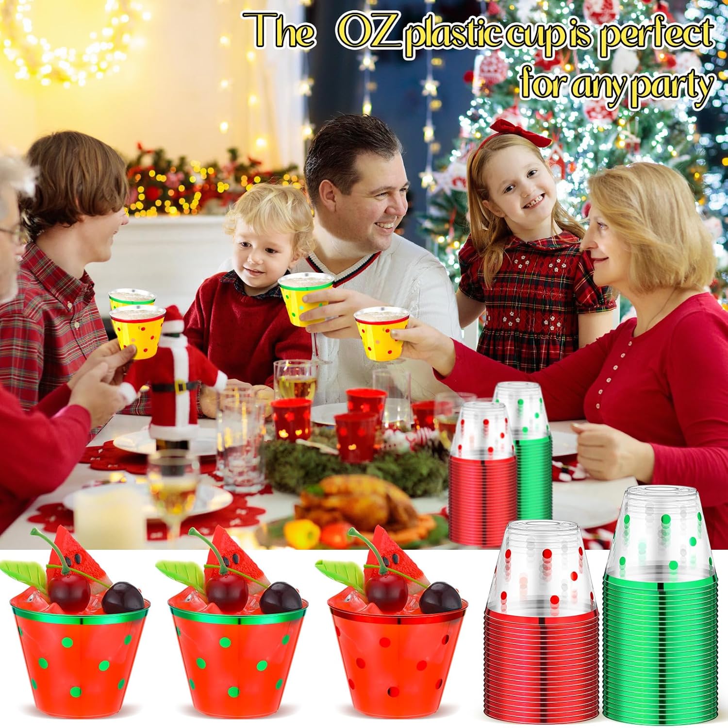 Uiifan 100 Pcs Clear Plastic Cups 9 oz Disposable Christmas Plastic Wine Glasses Cocktail Cups Drinking Cup for Christmas Holiday Wedding Birthday Events Party Supplies(Red and Green Brim)