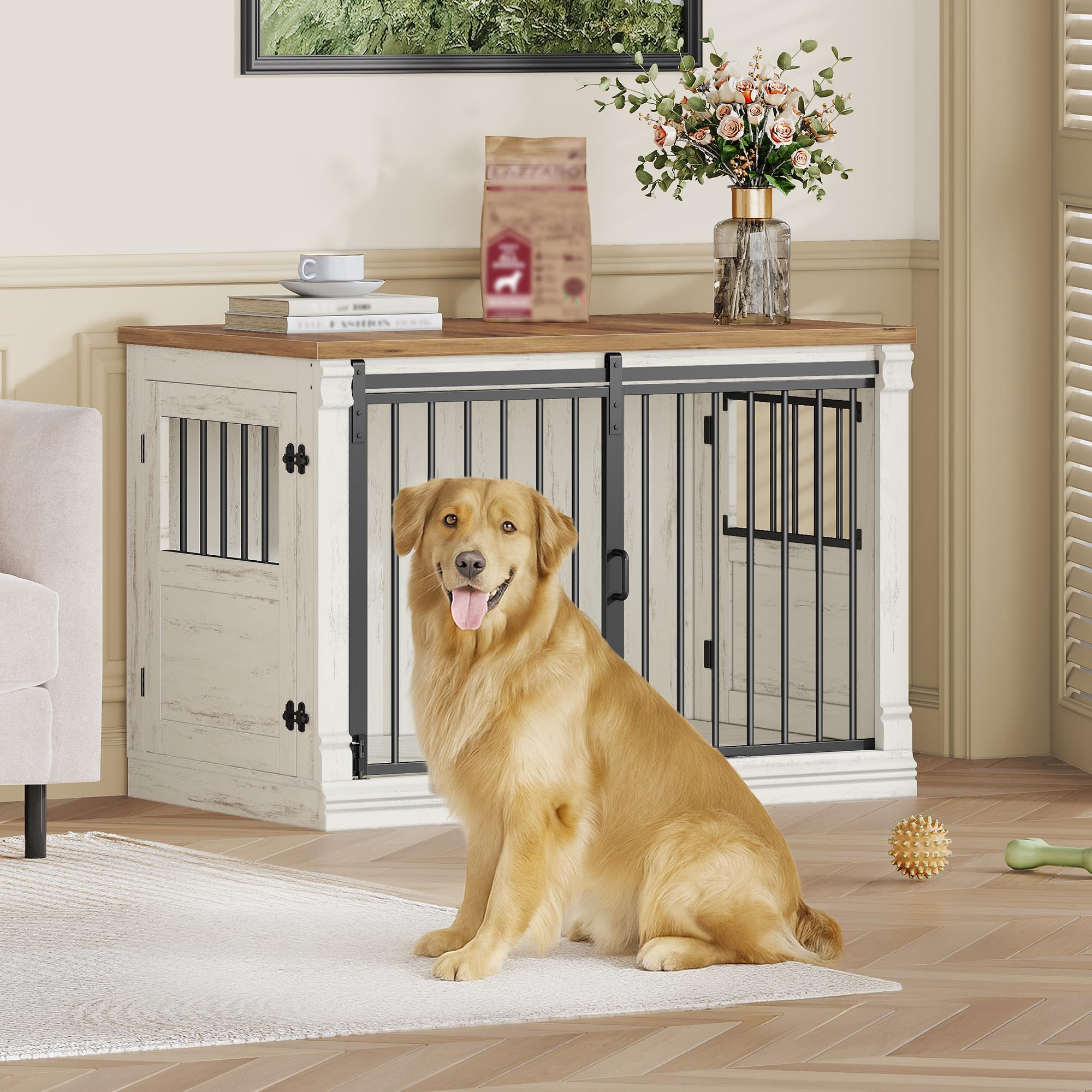 HEXCELEN 101cm Hundekäfig-Möbel, Hundebox Holz, Hundebox für Zuhause mit 3 Türen, Schiebetüren, für Kleine, Mittlere, Große Hunde, Robuster, Beistelltisch, 101 x 60,5 x 70 cm, Weiß Braun