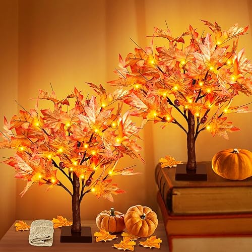 Miniatura 8 de Remon Árbol de arce de otoño iluminado con 36 luces LED, lámpara de mesa de Acción de Gracias de 2 pies con 72 hojas de arce, 6 bellotas,