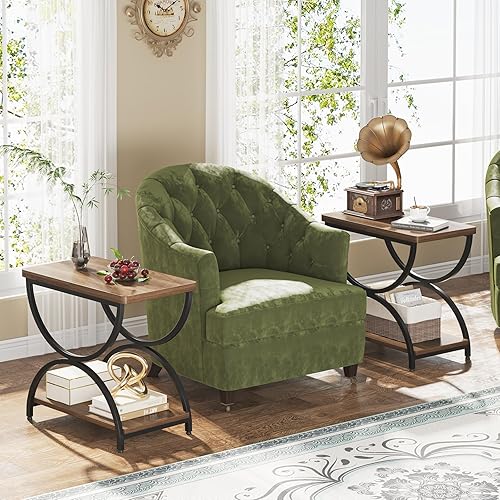 Tribesigns Mesa auxiliar de 2 niveles con elegante marco de metal, mesita de noche rectangular vintage para dormitorio, sillas de madera y metal,