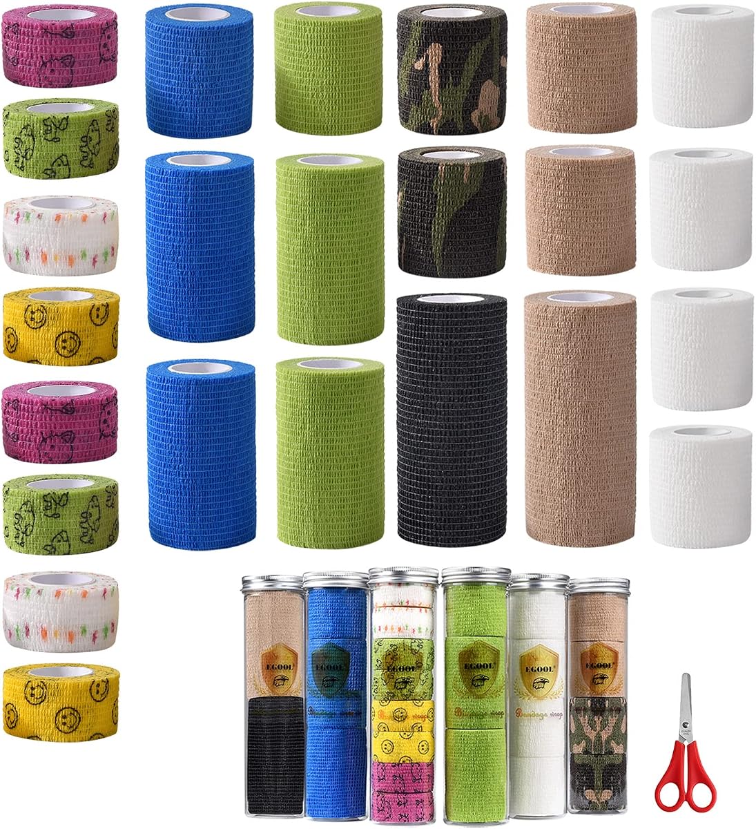 Vendaje autoadhesivo de 24 rollos x 5 yardas, vendajes cohesivos elásticos coloridos y versátiles, envoltura veterinaria, primeros auxilios
