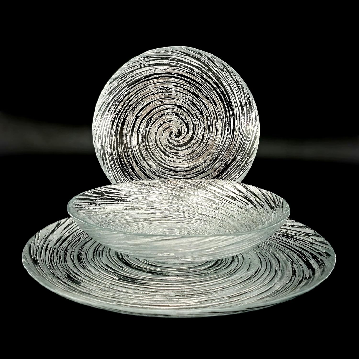 Red Pomegranate Volute Glass Dinnerware Set, Set of 12 pcs, Silver