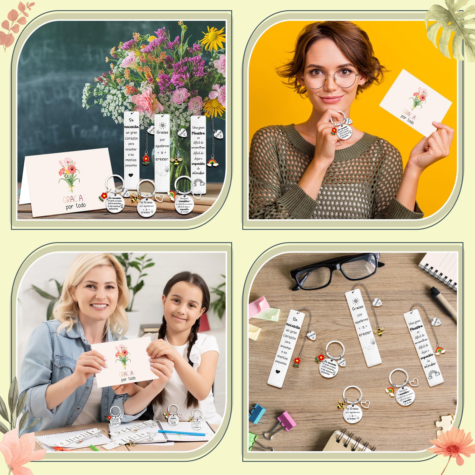 Jadive Marcapáginas Profesora Acero Inoxidable 3 Sets Regalo Maestra Primaria Llaveros Tarjetas Sobres Kraft