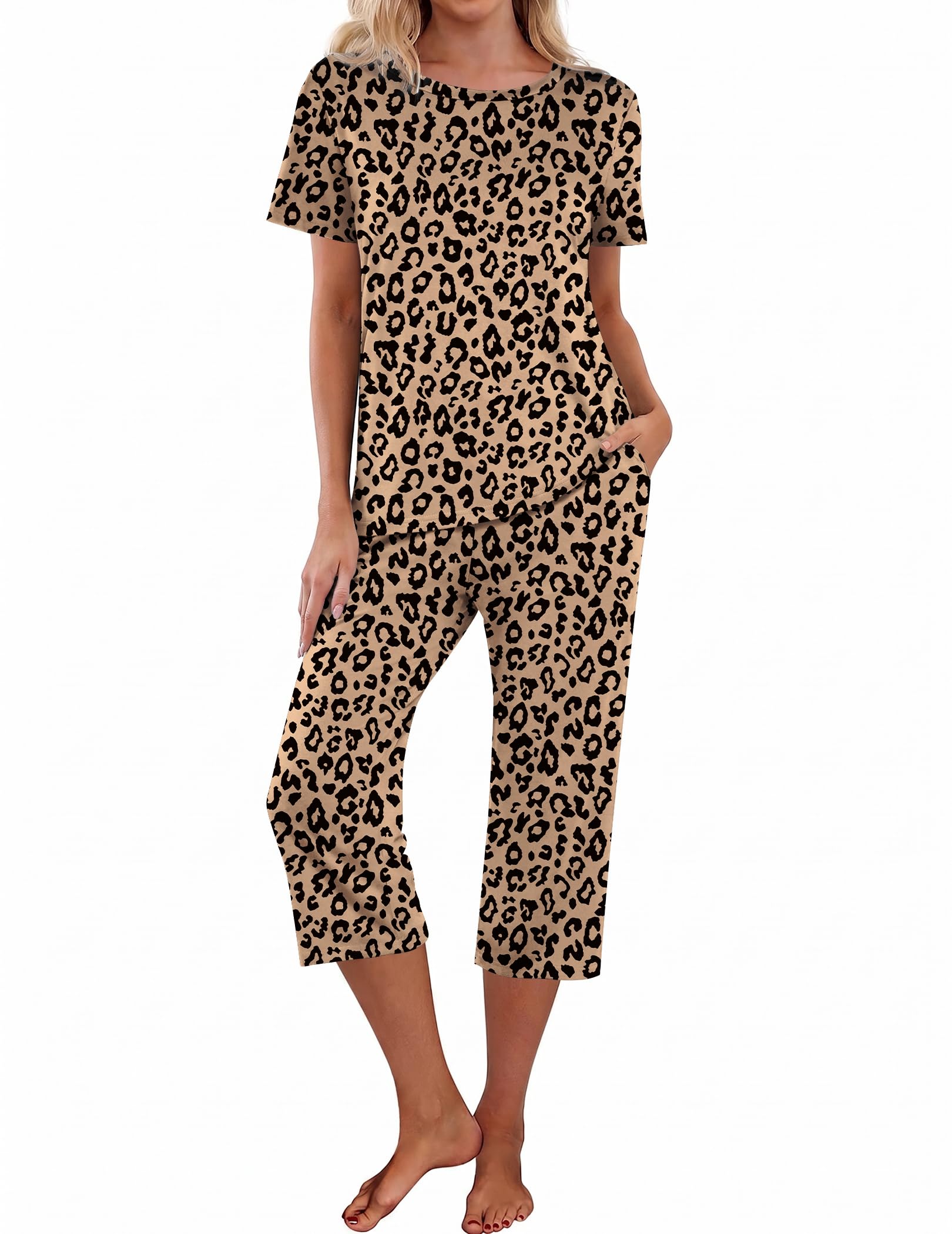 Ekouaer Schlafanzug Damen Kurzarm Pyjama Set Kurz Zweiteiliger Sommer Oberteil und 3/4 Lange Capri Hose, S-XXL