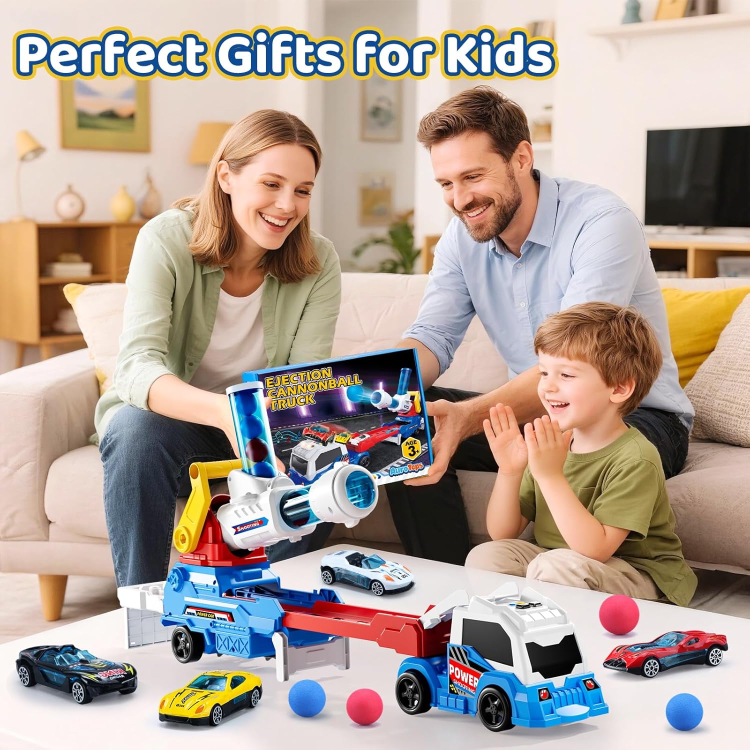 AuroTops Boy Toys Age 3 4 5 6 Year Old Boy Gifts for Kids Gifts Toy Trucks with Light & Sounds Toys for Kids Age 3 4 5 6 7 8 Years Old,Include Eejection&Shooting Truck,4 Racing Cars