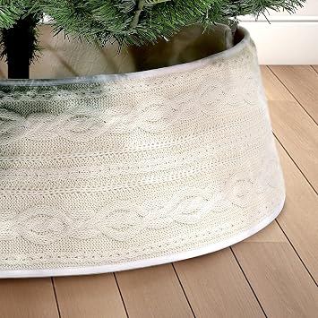 WBHome Christmas Tree Collar, Adjustable 28 inch Cable Knit Knitted Thick Rustic Holiday Decoration, Farmhouse Tree Ring Tree Skirt for Christmas Home Decor, Beige
