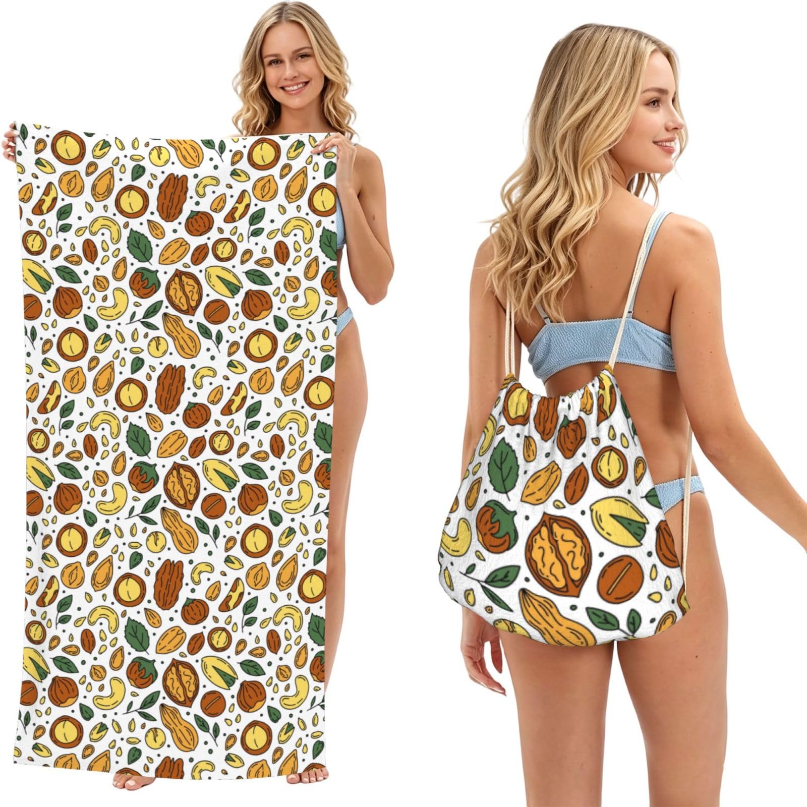 Poadnly As Picture Doodle Style Nuts Seeds, 2 In 1 Packable Towel Bag, Beach Towels With Drawstring Backpack For Travel Holiday Camping