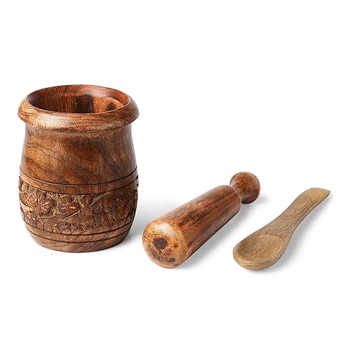 Miniatura 2 de GoCraft Mortero y mortero tallados de madera | Molinillo para hierbas, especias y uso en cocina, madera de mango natural grabada | Mortero y mortero