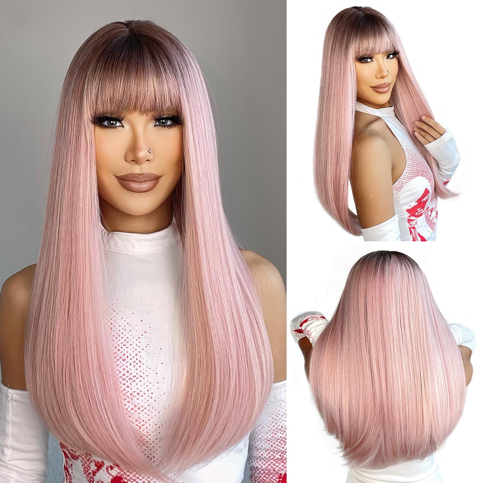 ENTRANCED STYLES Ombre Pink Wig with Bangs Long Straight Mixed Pink Wigs for Women Cosplay Wigs for Girls Natural Hairline Heat Resistant Synthetic
