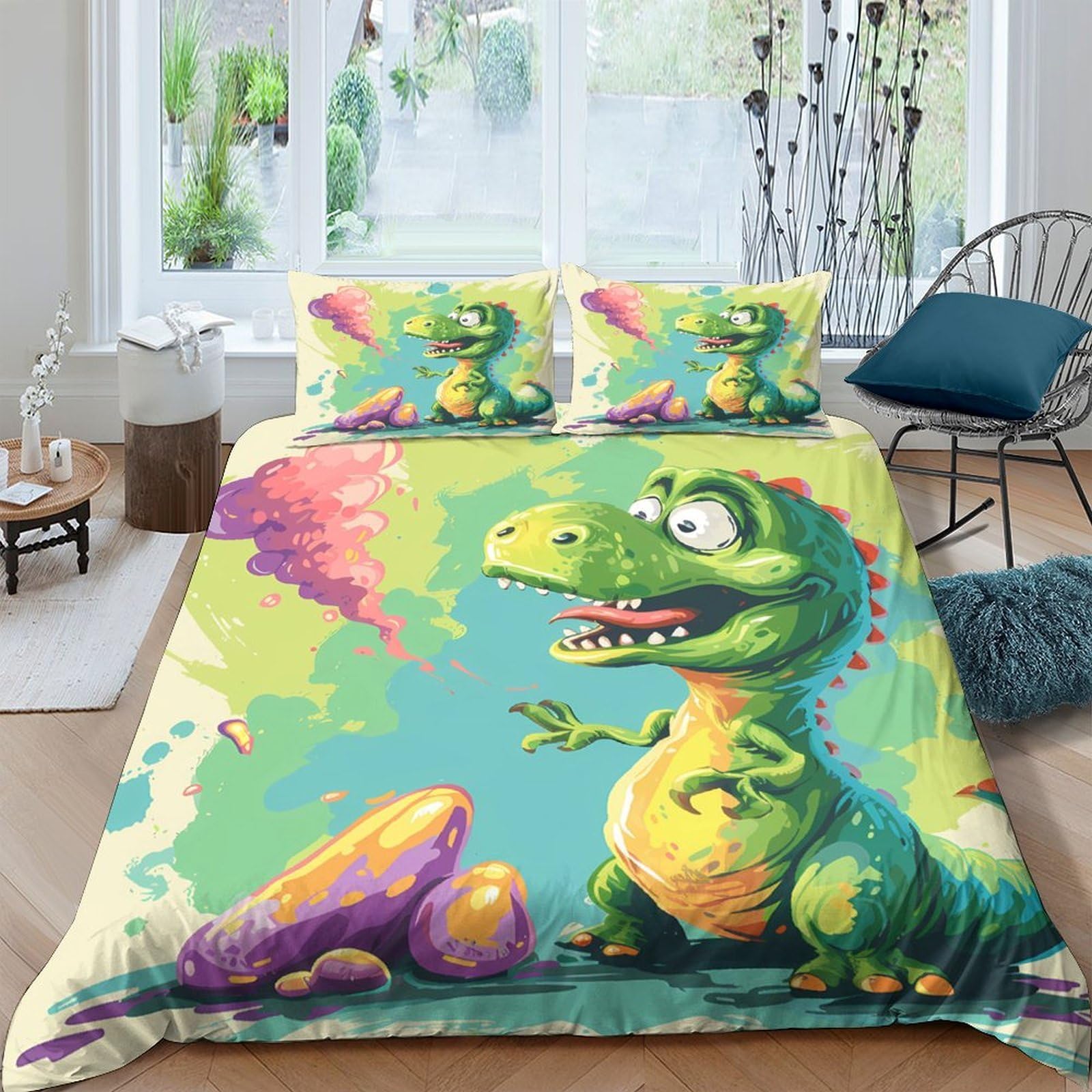 Ctjqhvkz Style-1 3D Printed Cartoon Dinosaur Fitted Sheet Microfiber Soft Green Egg Pattern Bed Cover For Bedroom Dorm Mattress Decor Single（135X200cm）