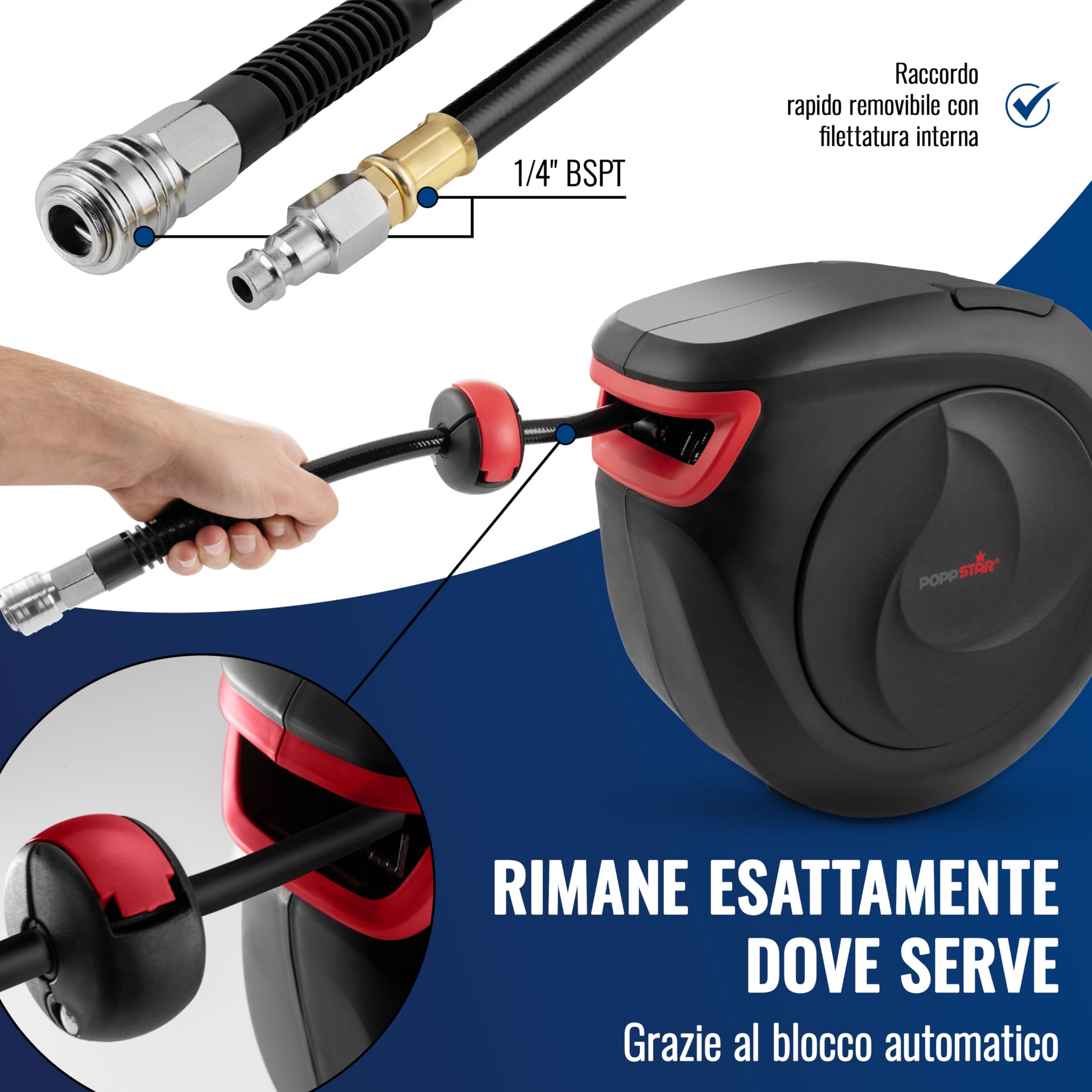 Poppstar Avvolgitubo per tubi ad aria compressa professionale (15m + 1m, diametro del tubo 3/8" (9,5 x 15 mm)), connessione 1/4" BSPT giunto rapido, con riavvolgitore automatico e auto-stop