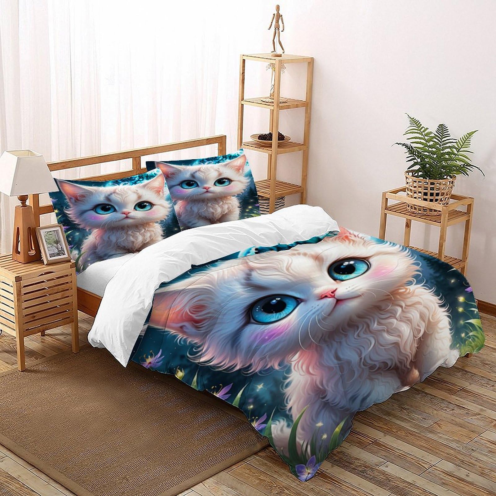 Housse de couette motif chat parure de lit microfibre douce lit double 2 places 200x200cm