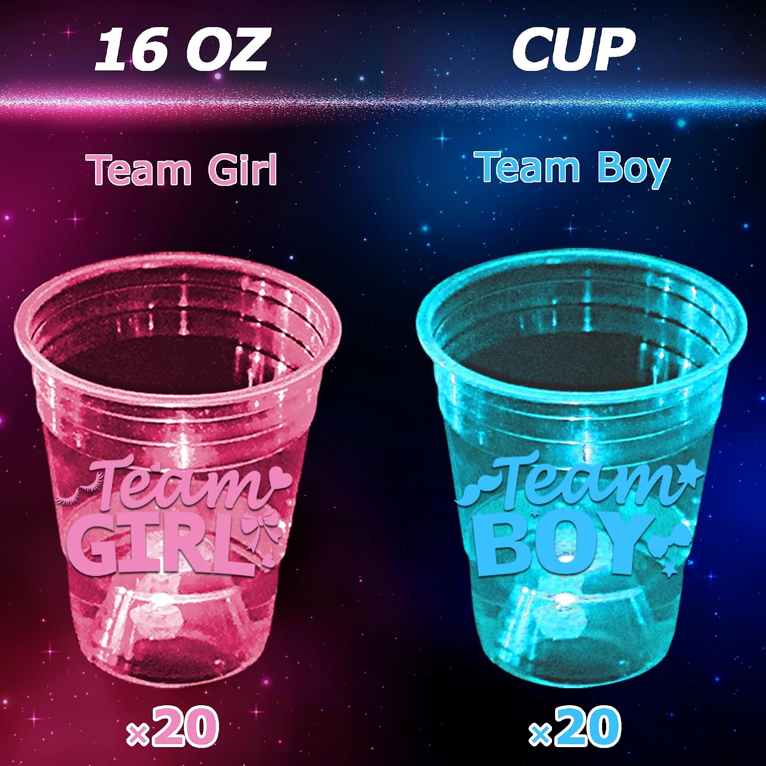 mishunyus 40-Pack Glow in the Dark Gender Reveal Cups - Team Boy & Girl Baby Shower Party Supplies (20 Blue + 20 Pink) 16 oz Plastic Cups for Gender Announcement Party Decorations