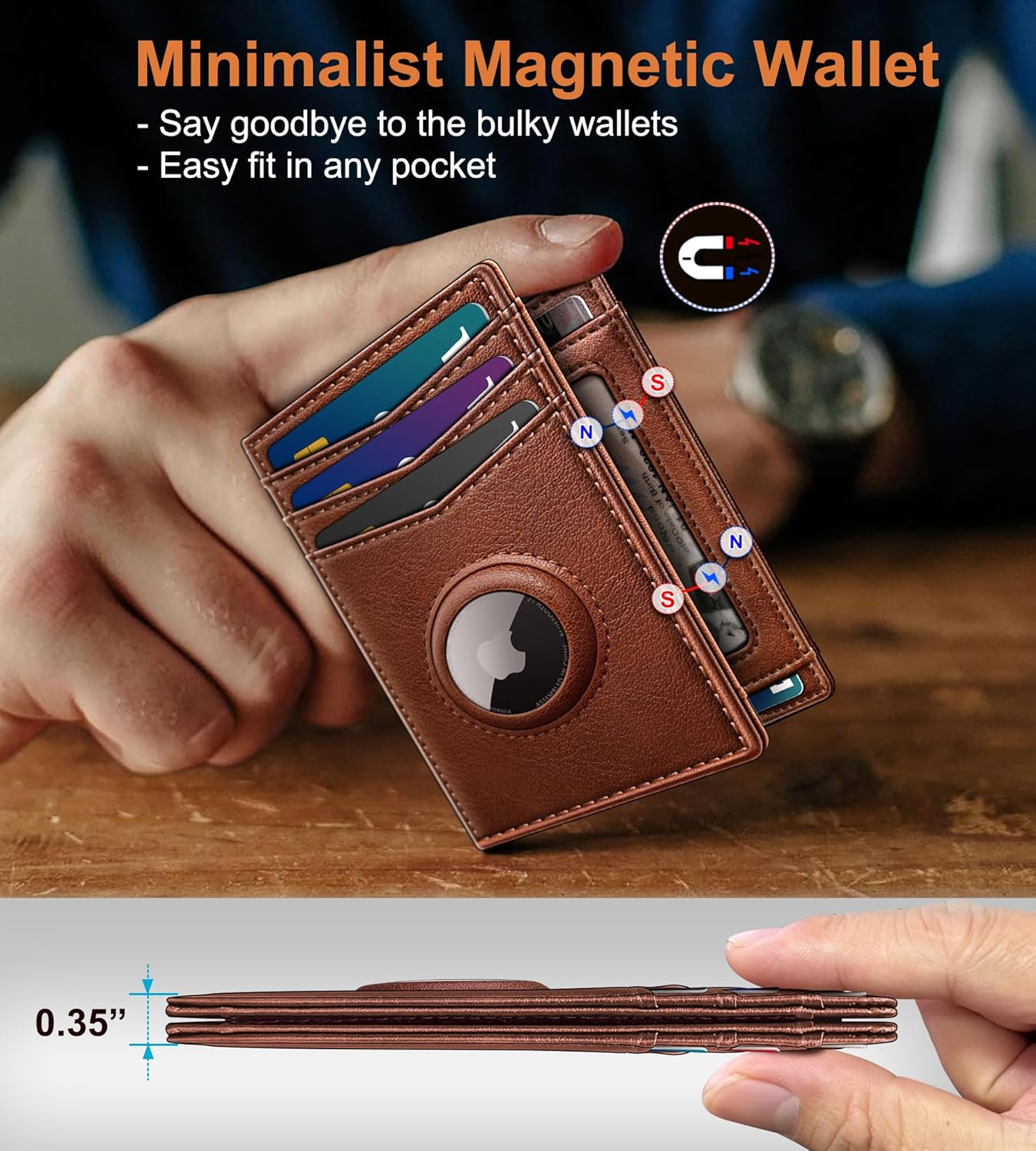 Airtag Slim Leather Wallet for Men - 12-Card Capacity, Magnetic Closure, Money Clip & Simplified Bill Compartment, RFID Blocking (4.3" x 3.0") | Gift Boxed - Image 3