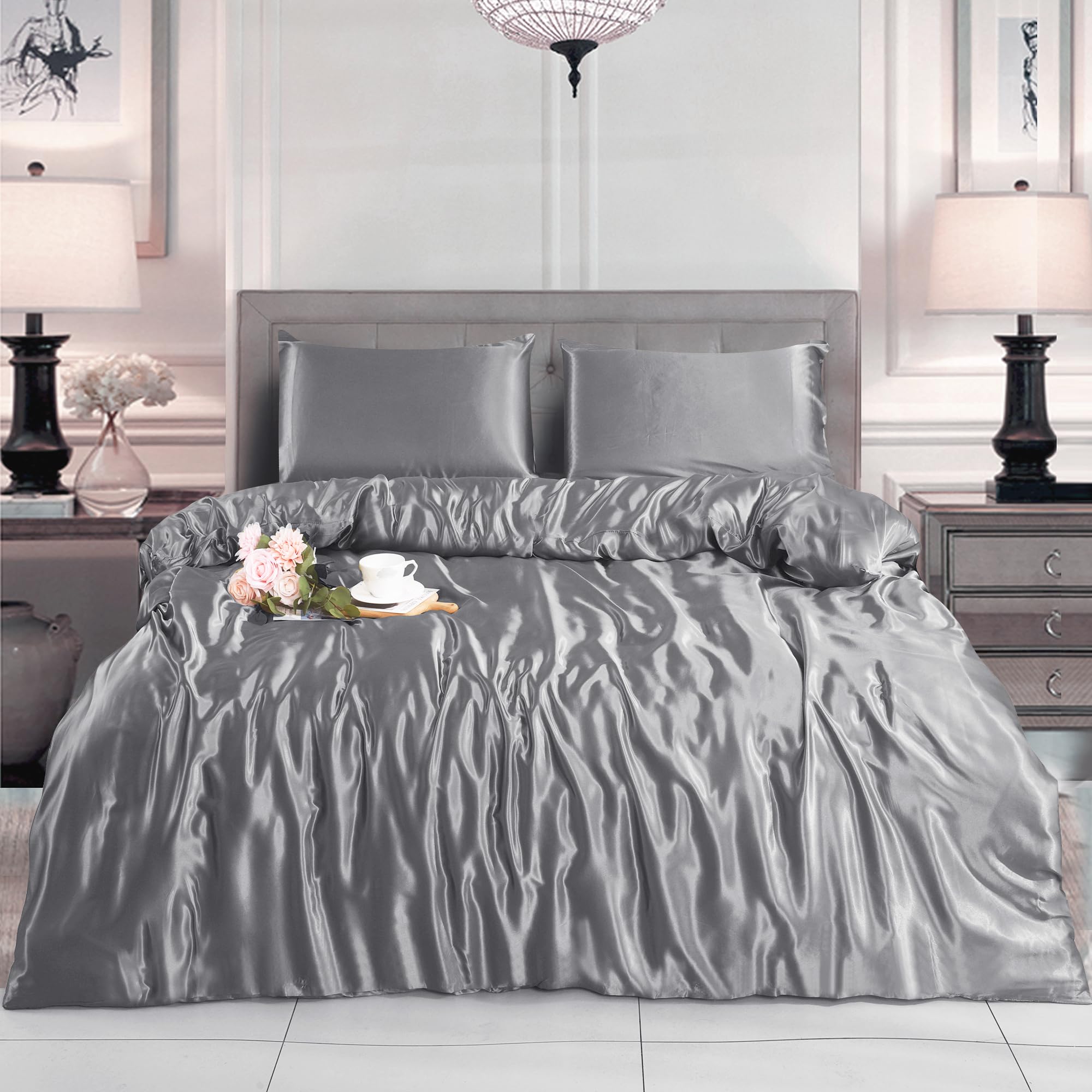 BOSKI LONDON Luxury Satin Silk Duvet Cover Set | 3 Piece Bedding Set with Pillowcases | Soft Breathable Quilt Cover with Zip | Single Double King Sizes (SILVER, KING)
