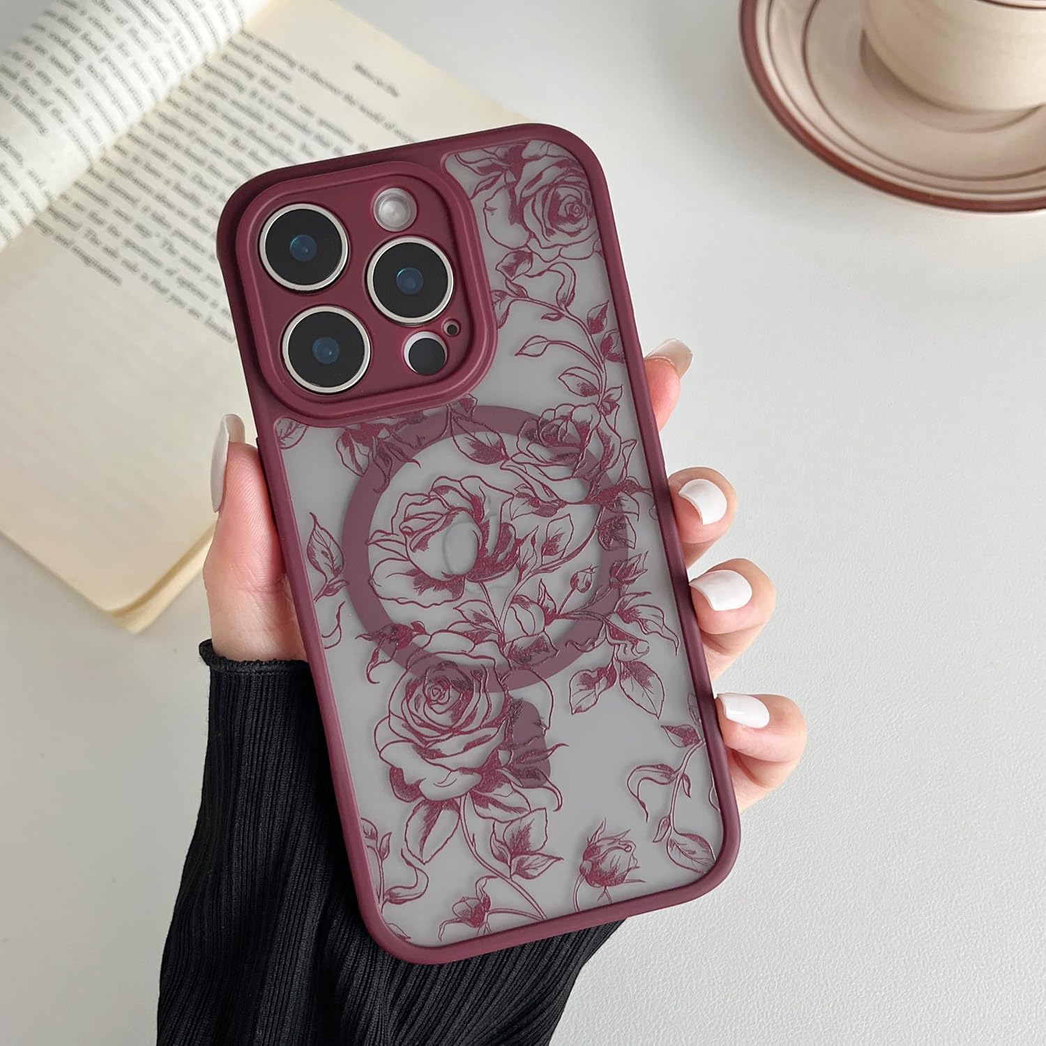 XIZYO Magnetic Case for iPhone 15 Pro Max, Floral Flower Cute Aesthetic Case [Compatible with Magsafe] for Women Girls Rose Pattern Slim TPU Bumper Shockproof Protective Cover, Branch Rose/Wine Red - Image 3
