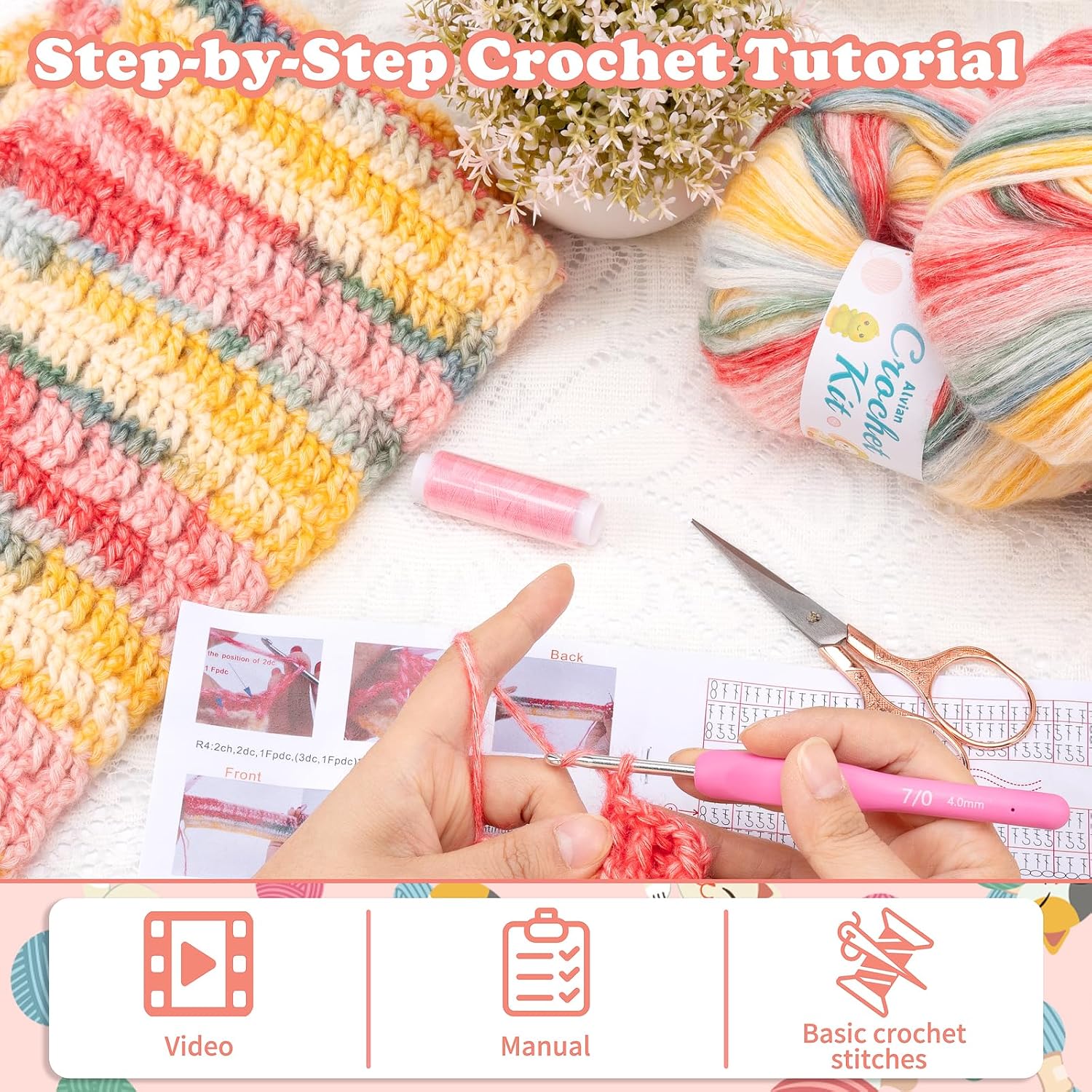 Alvian Scarf Crochet Kit for Beginners Crochet Starter Kits Craft Knitting with Step-by-Step Video Tutorials Handmade Gift for for Birthday, Anniversary, Valentines (Scarf Crochet Kit for Adults)