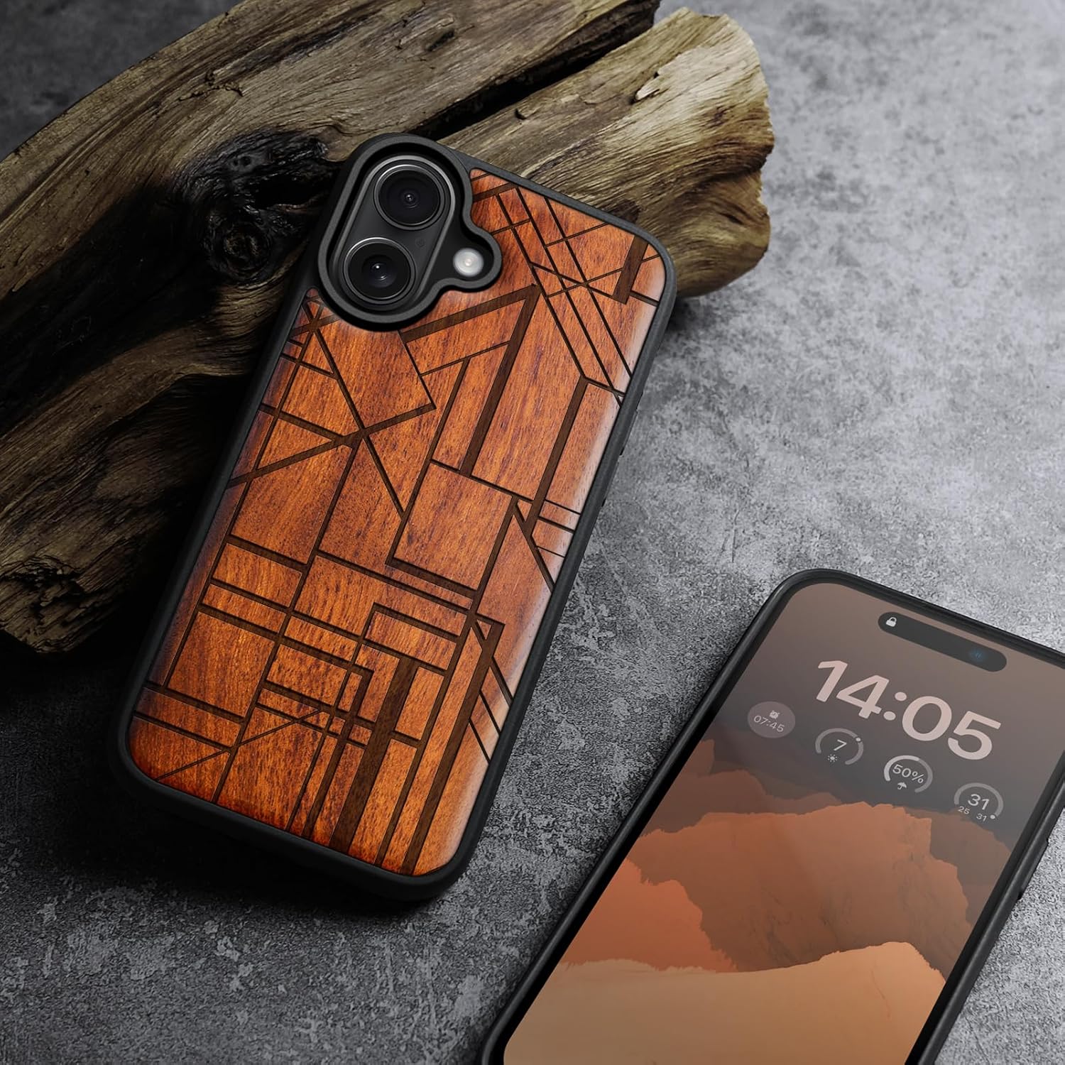Carveit Magnetic Wooden Case for iPhone 16 Case, Wood Artisan Engraved & Black Soft TPU Shockproof Cover, Compatible with MagSafe Wireless Chargers (Geometric Figure) Rosy
