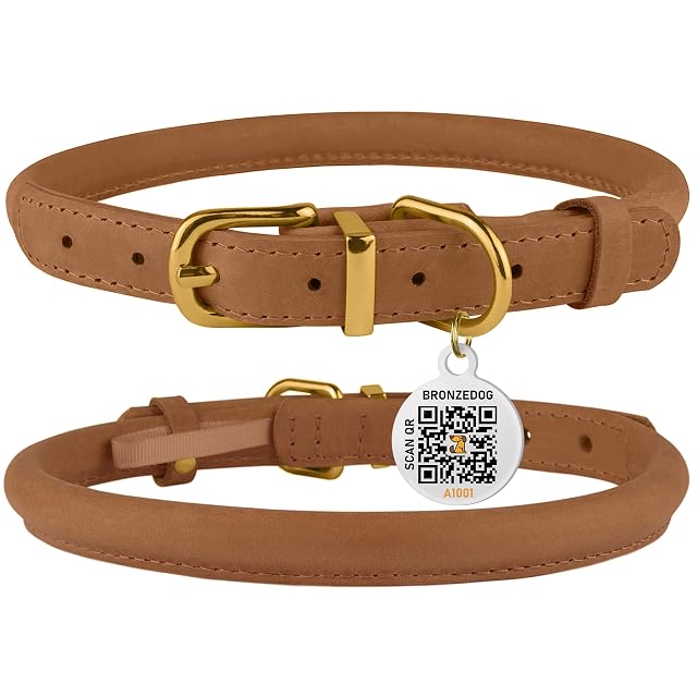 Foto 7 de 7 de BRONZEDOG Collar de cuero enrollado para perro con placa de identificación por QR ajustable
