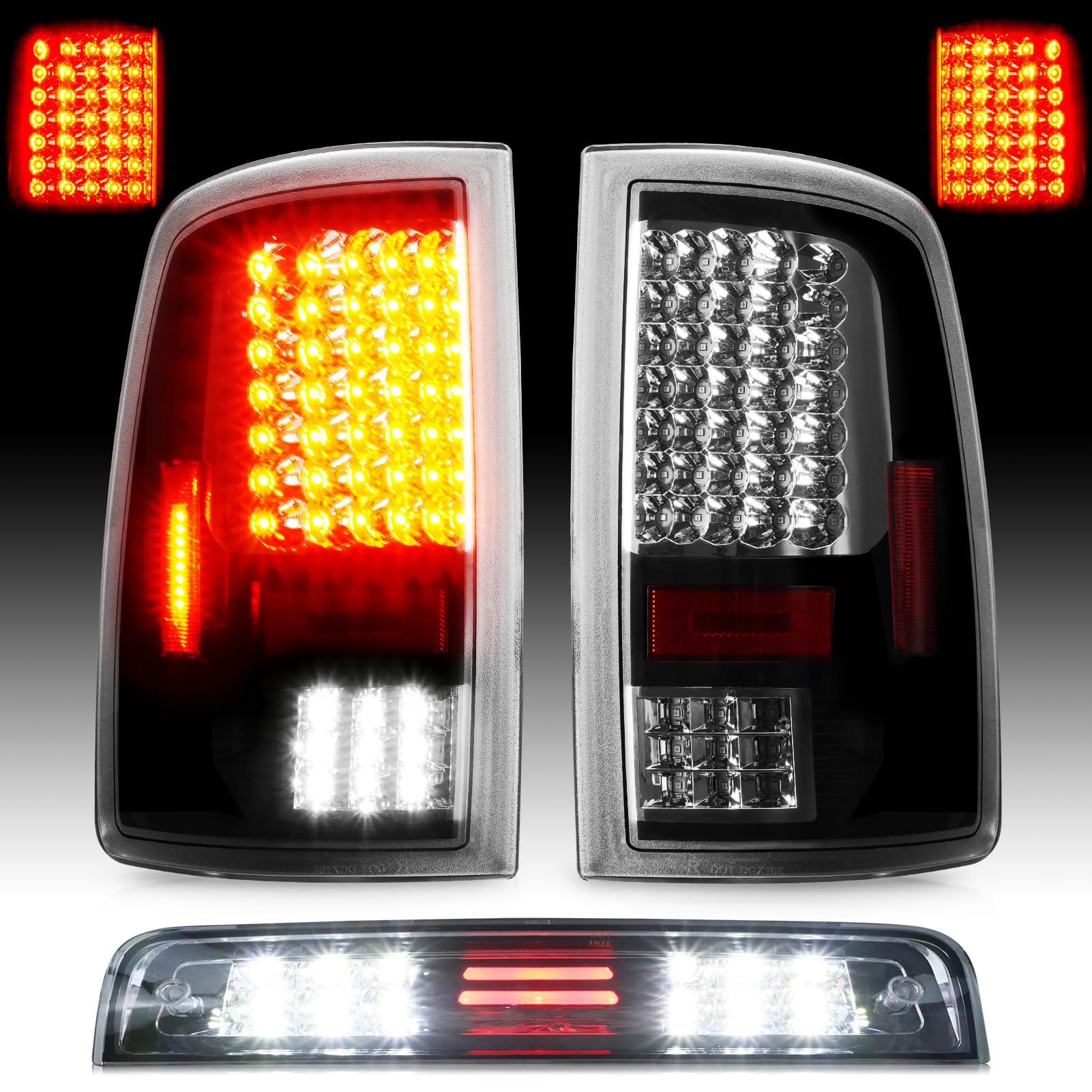 Tail Lights Assembly [LED Kit] + 3rd Third Brake Cargo Lamp Fit for Dodge Ram 1500 2009-2010, 2500 3500 2010, for Ram 1500 2500 3500 2011-2018 (Only Fit Factory Halogen Version and 921 Reverse Bulb)