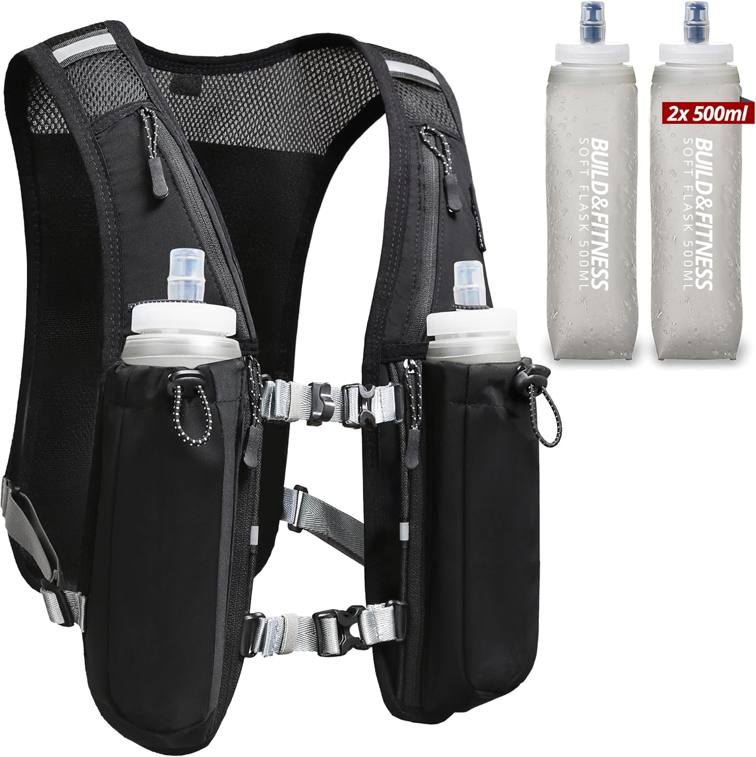 Running Hydration Vest for Women and Men. Reflective, 8 Pocket, Quick Dry, Water-Resistant, Breathable, Adjustable Backpack for Runs, Hiking,