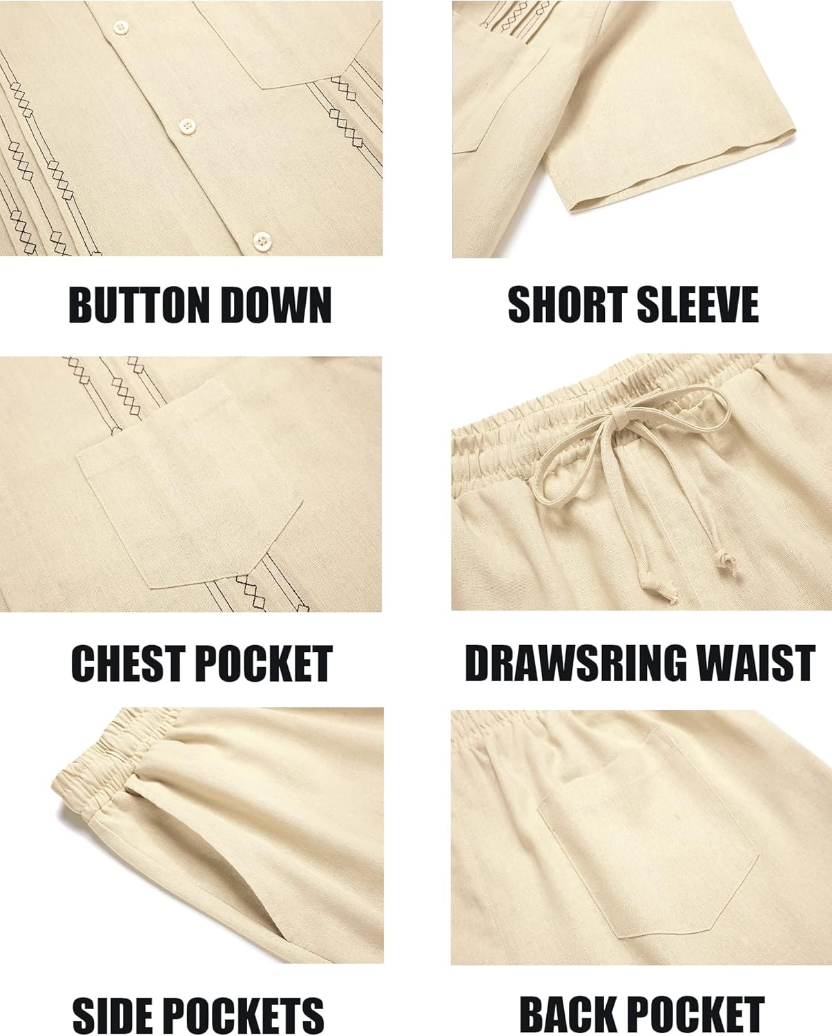 COOFANDY Men Linen Sets Outfits 2 Piece Short Sleeve Cuban Shirts Guayabera Linen Suit - Image 5
