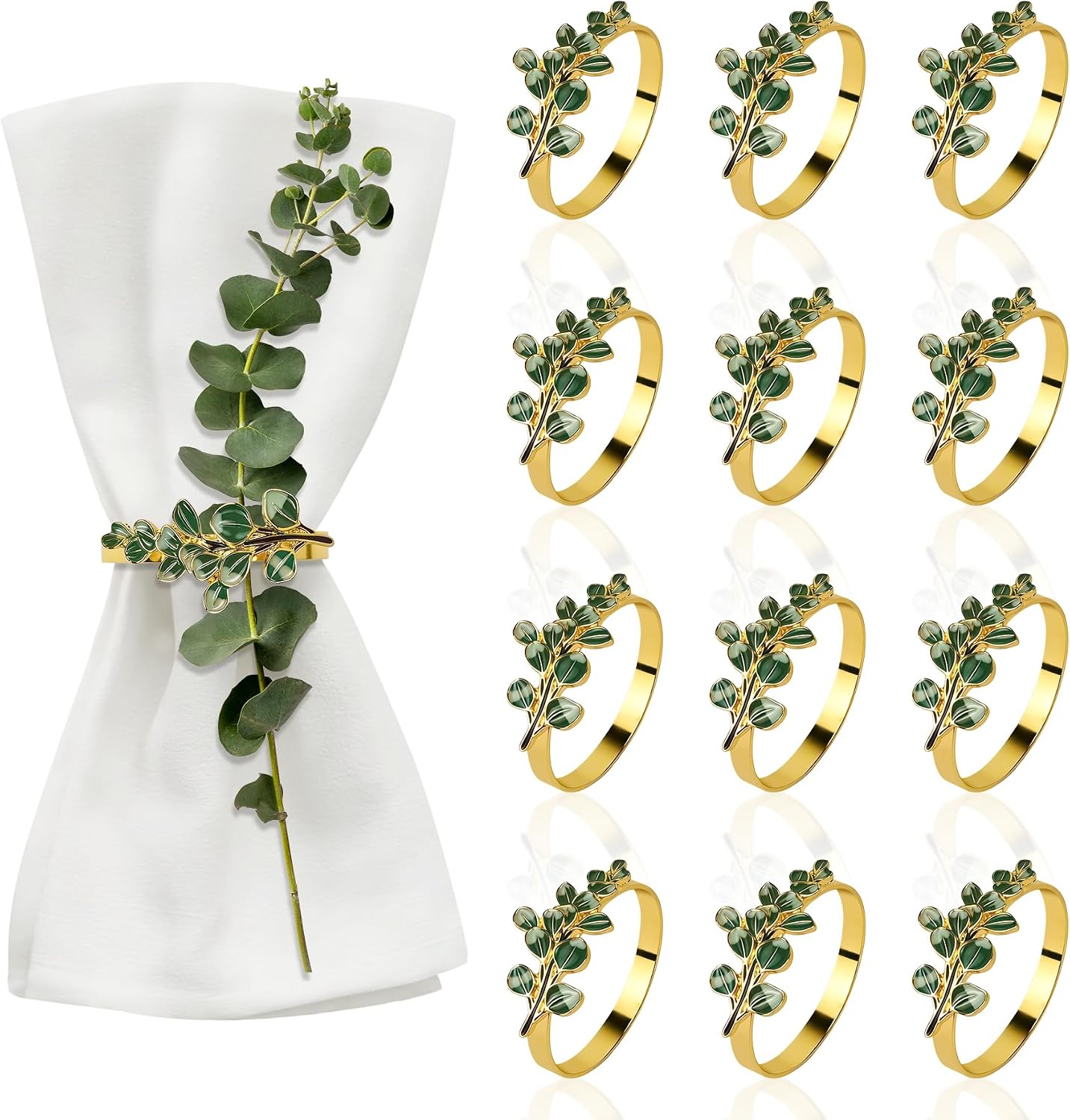 12 Pcs Eucalyptus Napkin Rings Set Metal Napkins Ring Holders Buckles for Table Decorations Greenery Napkin Holders for Cloth Napkins for Baby Shower Bridal Shower Wedding Party Supplies
