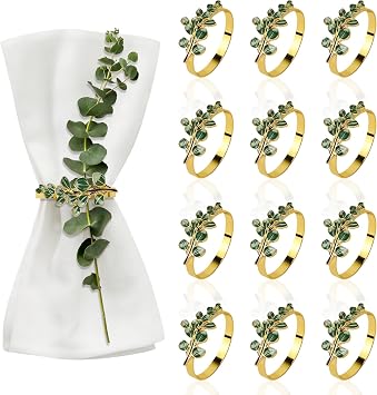 12 Pcs Eucalyptus Napkin Rings Set Metal Napkins Ring Holders Buckles for Table Decorations Greenery Napkin Holders for Cloth Napkins for Baby Shower Bridal Shower Wedding Party Supplies