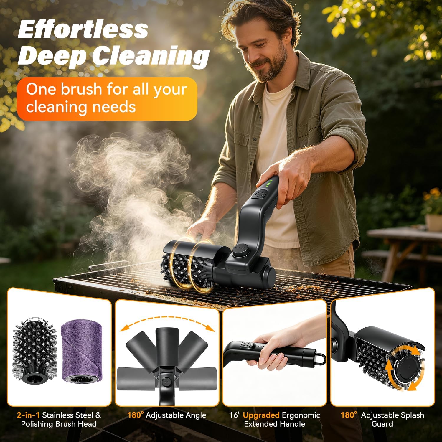Elektrische Grillbürste, Kabelloser Grillreiniger Elektrisch mit 3 Reinigungsstufen, 180 Min Laufzeit, 180° Winkel, USB-C Wiederaufladbar, 2 Bürstenköpfe für Grillrost, BBQ und Outdoor Grill