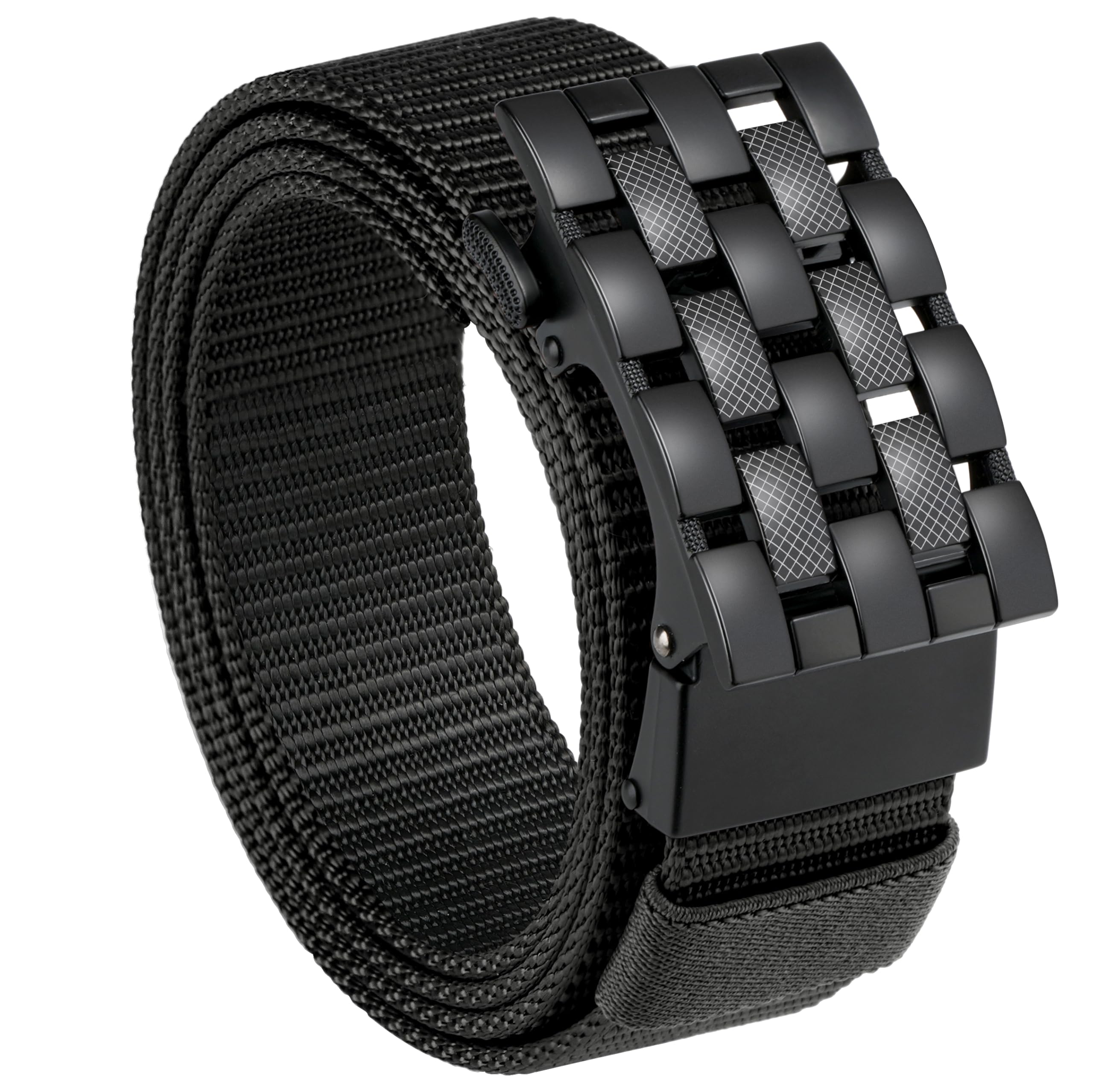 Milorde Men's Ratchet Nylon Web, 35MM, Tactical Work Belt with Automatic Buckle Quick Release, Full Adjustable (Grids-Black,130cm)