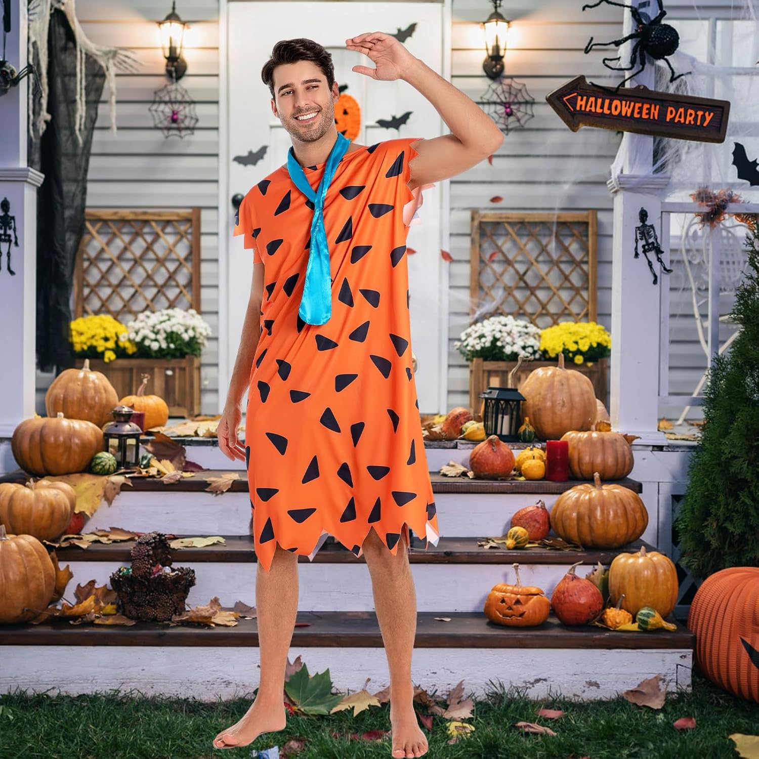 Halloween Cavemen Cosplay Costume for Men Adult Halloween Party Funny Simple Orange Tunic Outfits