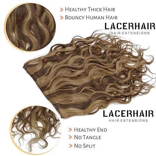 Miniatura 5 de Lacer Extensiones de cabello humano ondulado natural de 20 pulgadas, extensiones de cabello humano rubio piano, con reflejos castaño oscuro,