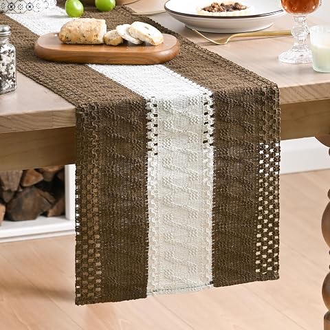 Artoid Mode Coffee Farmhouse Woven Table Runner 12x90 Inch | Seasonal Holiday Rustic Kitchen Dining Dresser Table Decoration for Home Party Decor, Macrame Cotton Blend