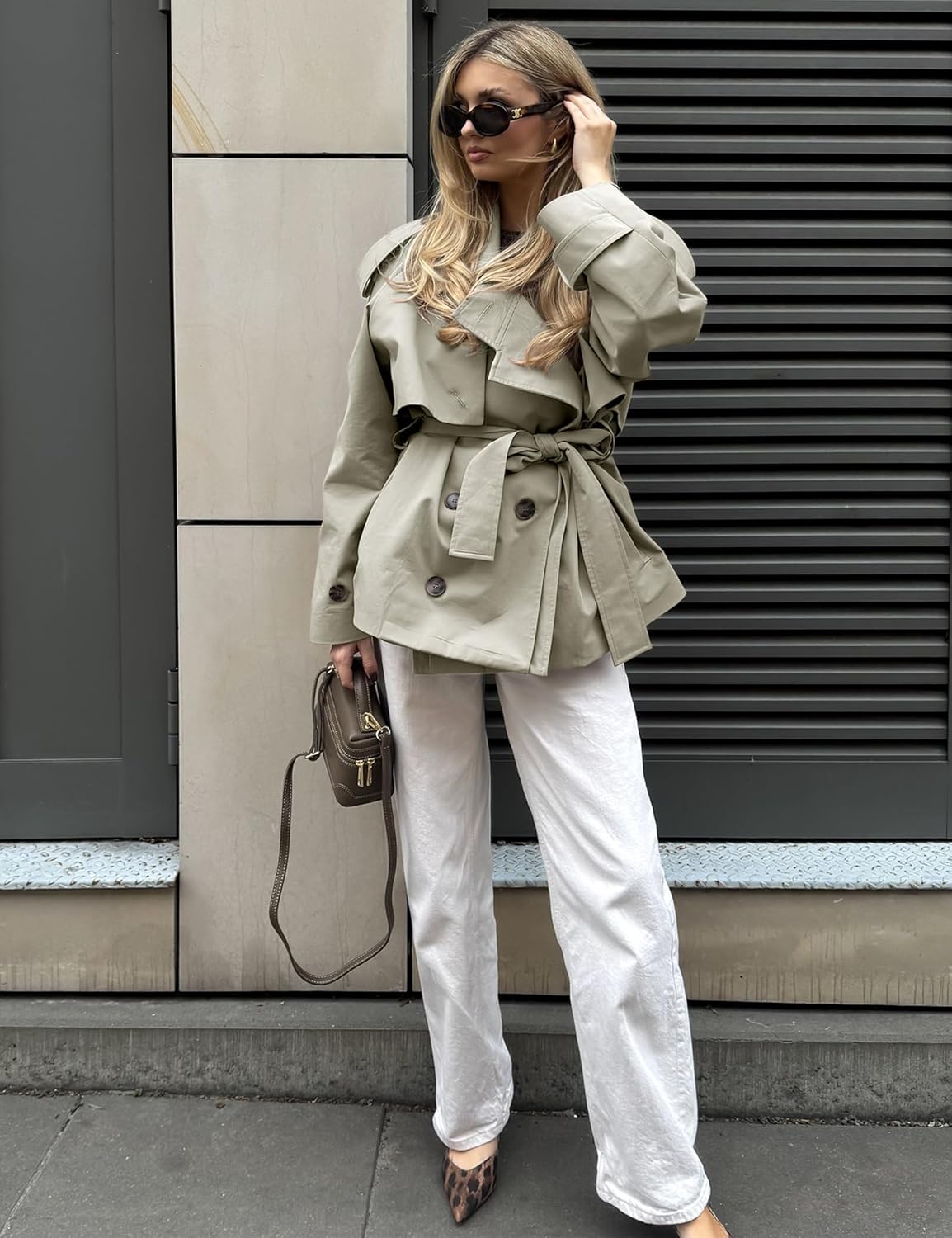 Lingswallow Cropped Trench Coat for Women Double Breasted Lapel Short Jacket Crop Coats with Belt - Image 6