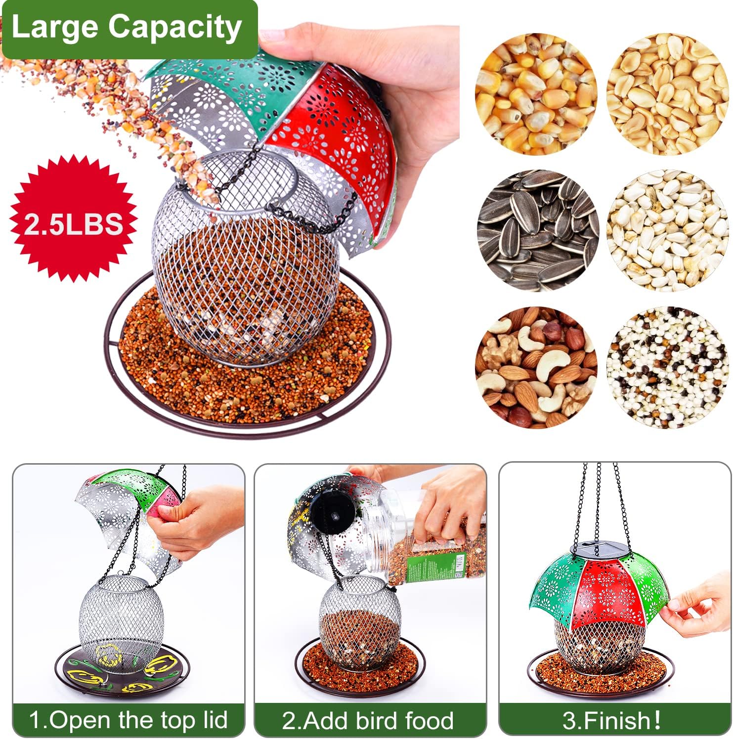 2023 New Solar Bird Feeders - Outdoors Hanging with Automatic Color Changing LED Lights, Metal Wild Bird Feeders Provides 2.5LBs Capacity, Hanging Bird Feeder Makes an Ideal Gifts for Bird Lovers. : Patio, Lawn & Garden