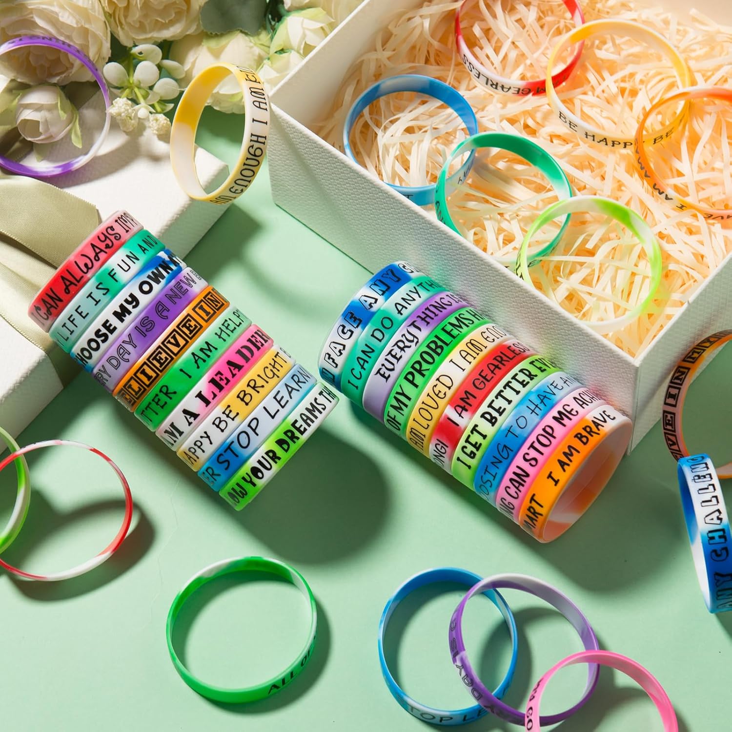 QEERBSIN 100 Pieces Inspirational Quote Wristbands -Bulk Pack Colored Motivational Bracelets- Stretch Unisex Wristbands for Men Women Teen Gifts, Party Favors,20 Styles - Image 3