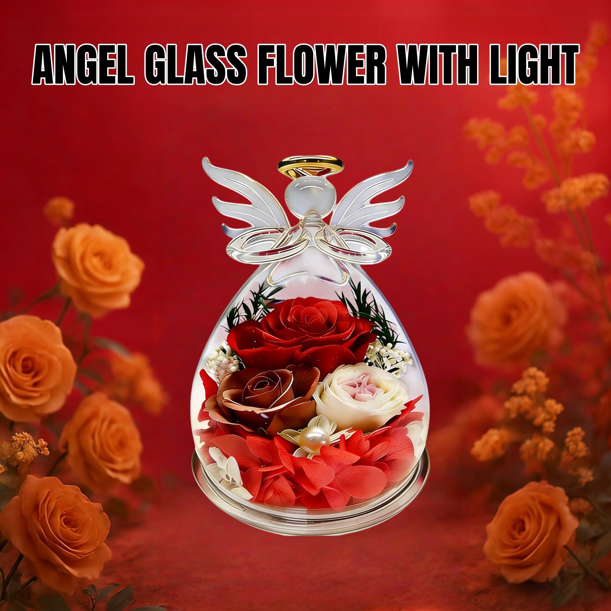 Cupola in vetro a forma di angelo con luce a forma di rosa conservata, 39,4 cm, illuminata a LED, con rose rosa, funzionamento a batteria, decorazione per casa, matrimonio, (rosso)