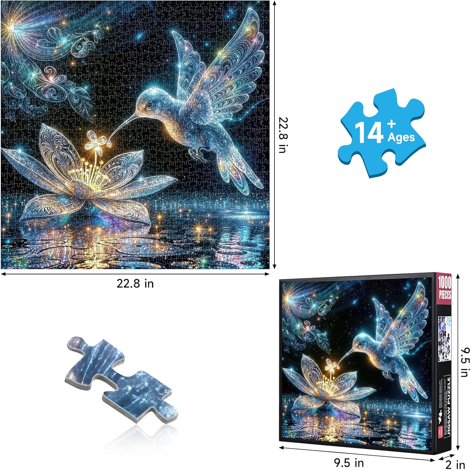 1000 Piece Jigsaw Puzzle for Adults – Luminous Hummingbird & Crystal Lotus Fantasy Artwork, Magical Night Sky Art Puzzles, Relaxing & Challenging Puzzle Gift (Hummingbird)