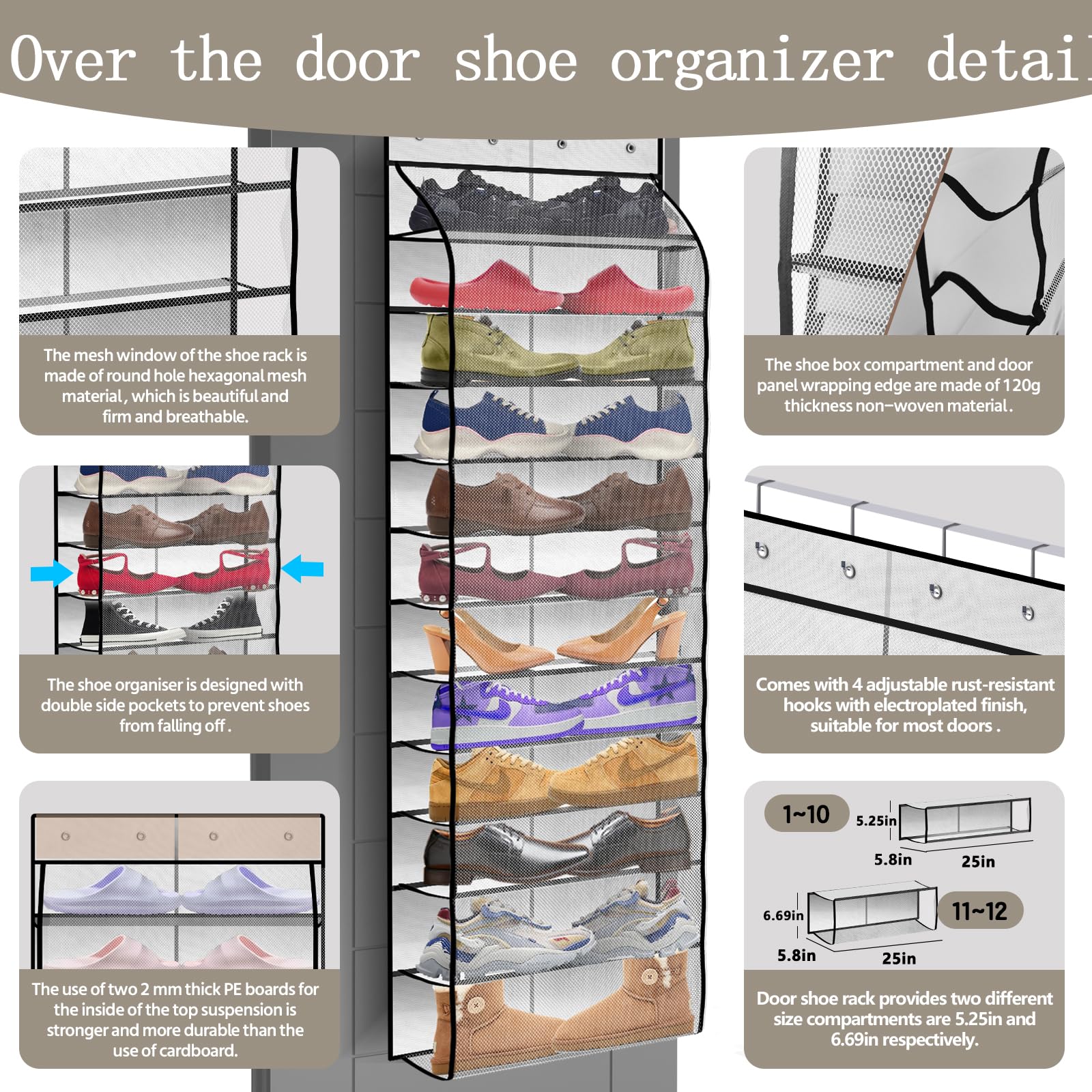PAULONE Organizador de zapatos de 12 bolsillos sobre la puerta, bolsa de malla grande reutilizable transpirable para hombres y mujeres, organizador de zapatos para niños, bolsa colgante de