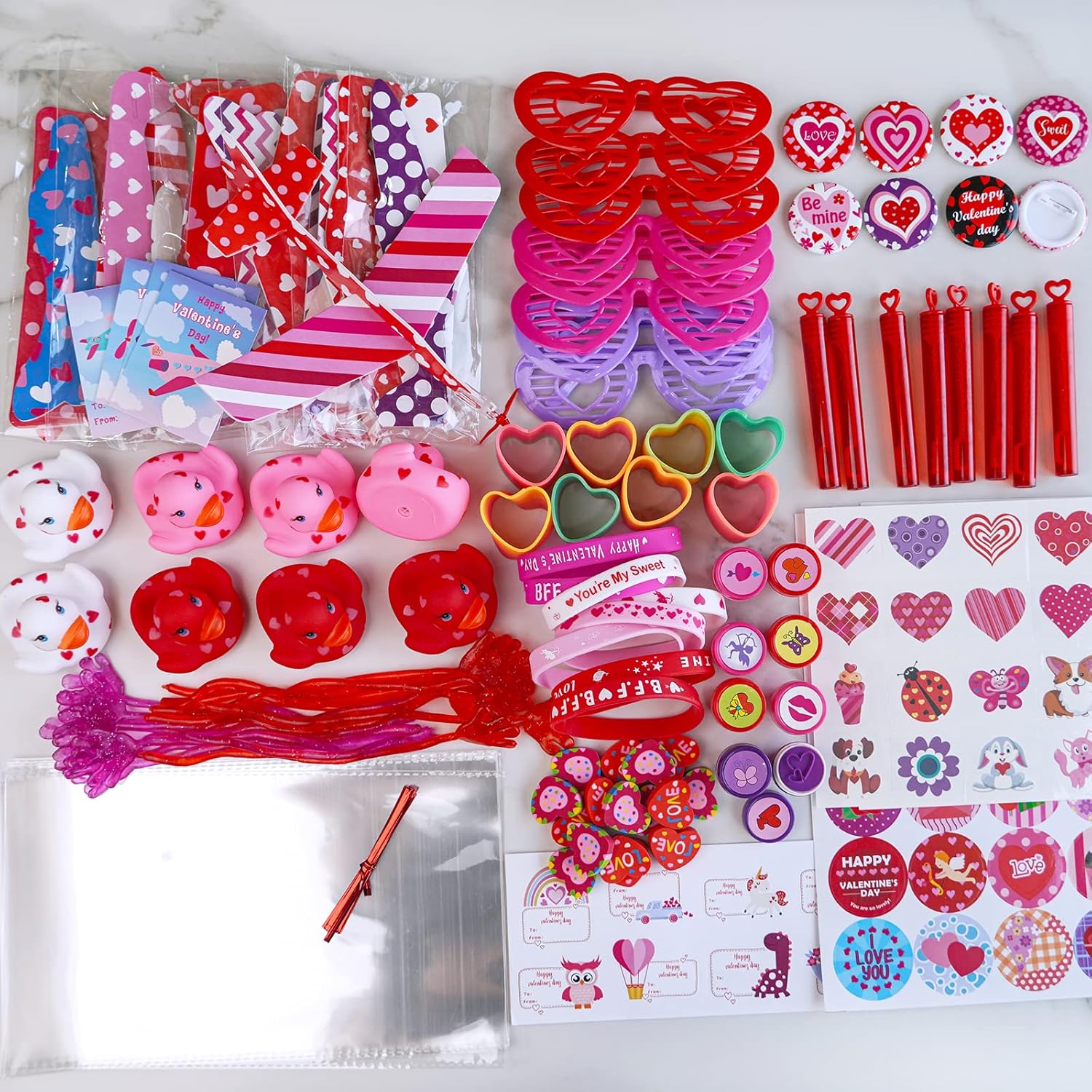Winlyn 120 Pcs Valentine's Day Stationery Toy Assortment Set Valentine Prizes Rewards Bulk Valentine Goodie Bags Stuffers for Kids Students Valentine Party Favors Treat School Classroom Gift Exchange