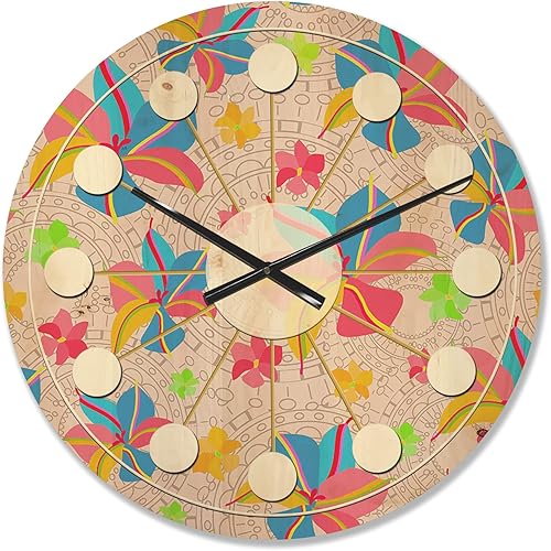 DesignQ Reloj de pared de madera retro de mediados de siglo con flores rosas amarillas