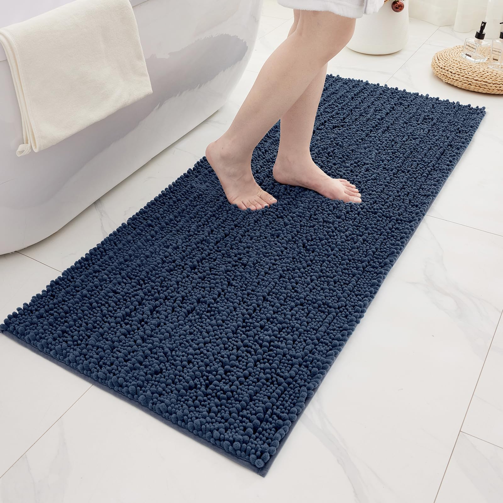 Chenille Bathroom Rugs 55x24 Absorbent Soft Non Slip, Blue