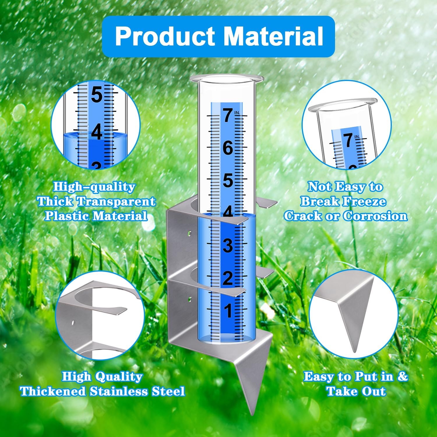 Rain Gauge Outdoor,7" Rain Gauges Outdoors Best Rated with Stainless Steel Rack Holder,Freeze Proof Plastic Large Guage for Yard Garden Fence Lawn Farm