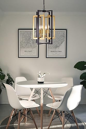 Miniatura 3 de TOCHIC Candelabro de metal negro y dorado, 4 luces geométricas de jaula para pasillo, entrada, sala de estar, cocina, isla, vestíbulo, bar