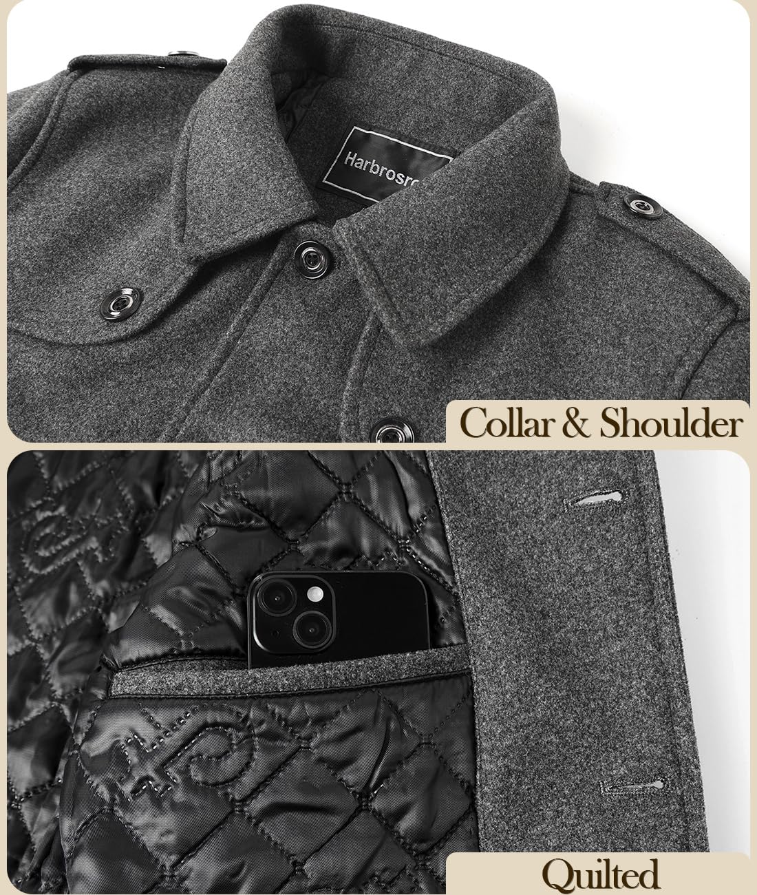 Herren Wintermantel Wolle Kurzmantel Schwarz Wollmantel Stehkragen Winterjacke Mittellang Business Freizeit Gepolstert Gefüttert Peacoat