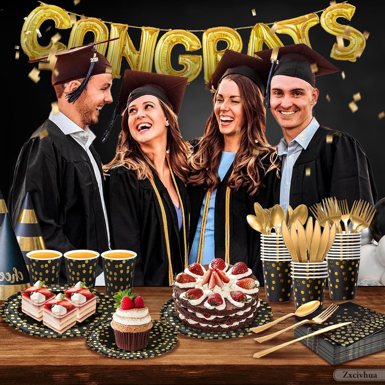 Black and Gold Graduation Party Supplies，Disposable Dinnerware Set, Paper Plates Napkins Cups Forks Knives Spoons, For Graduation Party, Birthday, Wedding，Serves 25, 23.5*12*23.5