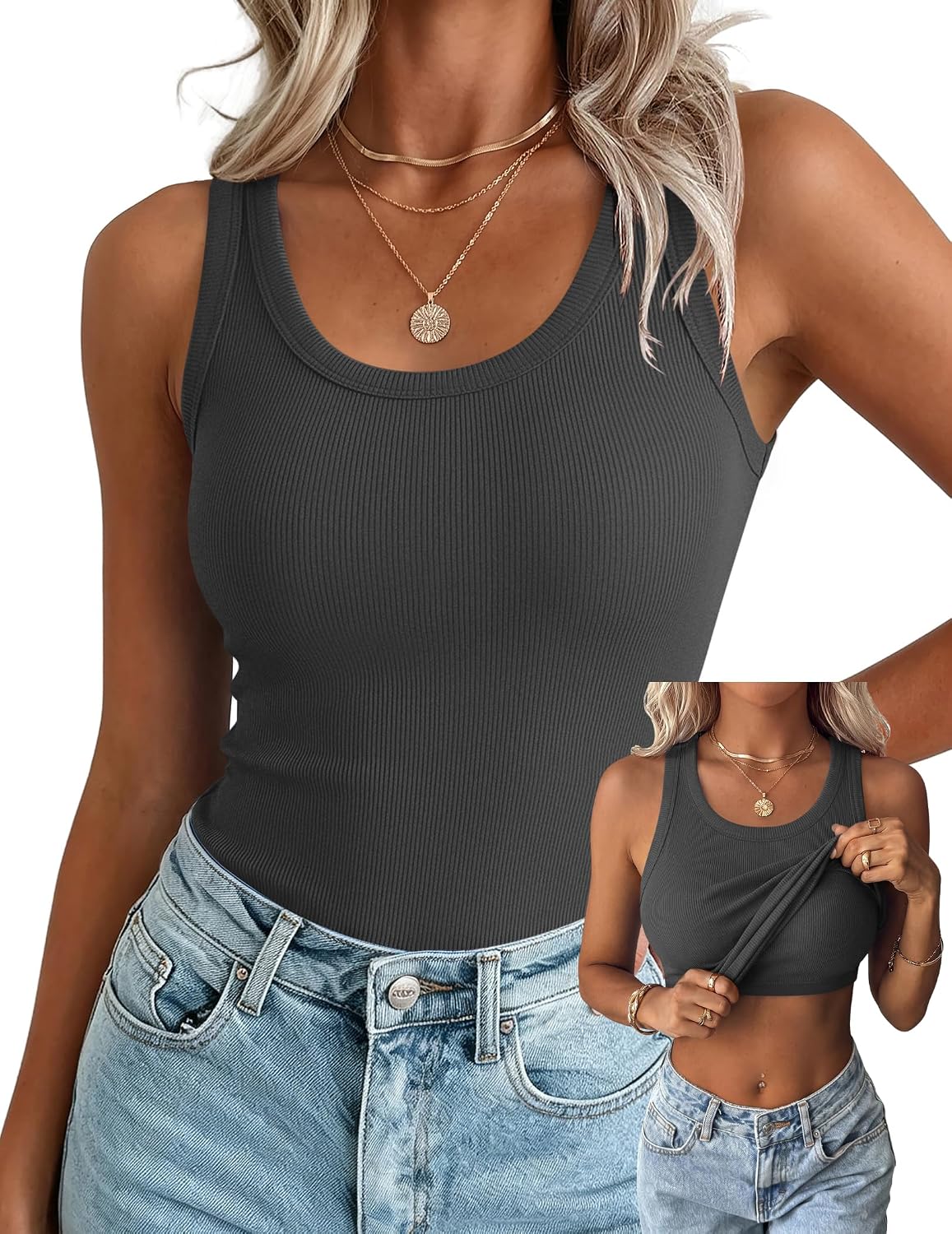  Tank Tops with Built in Bra for Women Sleeveless Ribbed Summer Tops thumbnail